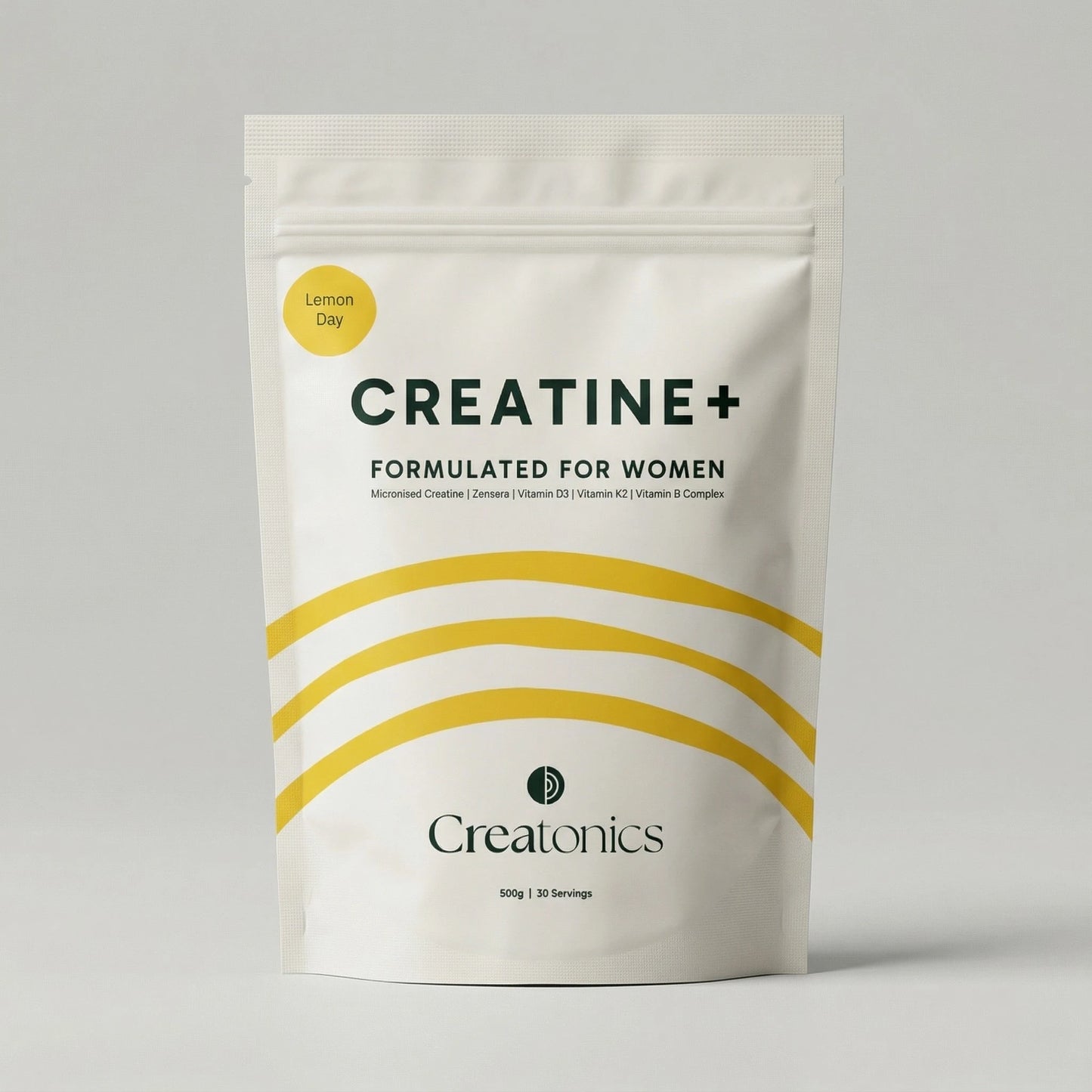 A high-quality product shot of the Creatonics Lemon Day creatine pouch, specifically formulated for women to support strength, mind, and energy during midlife.