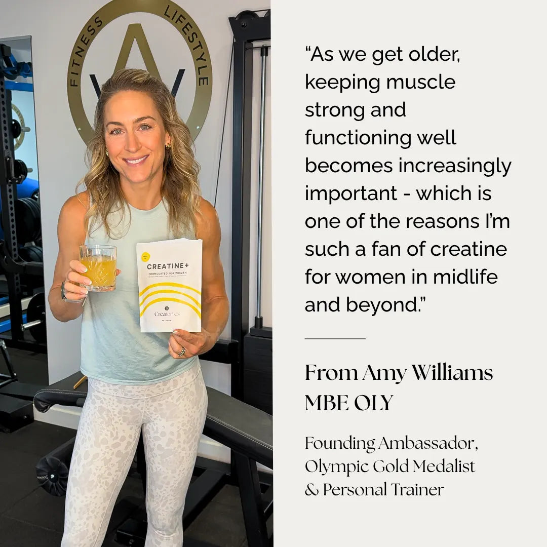 Olympic Gold Medalist Amy Williams MBE holding a Creatonics Creatine+ drink and pouch in a gym, endorsing creatine for women in midlife and beyond.