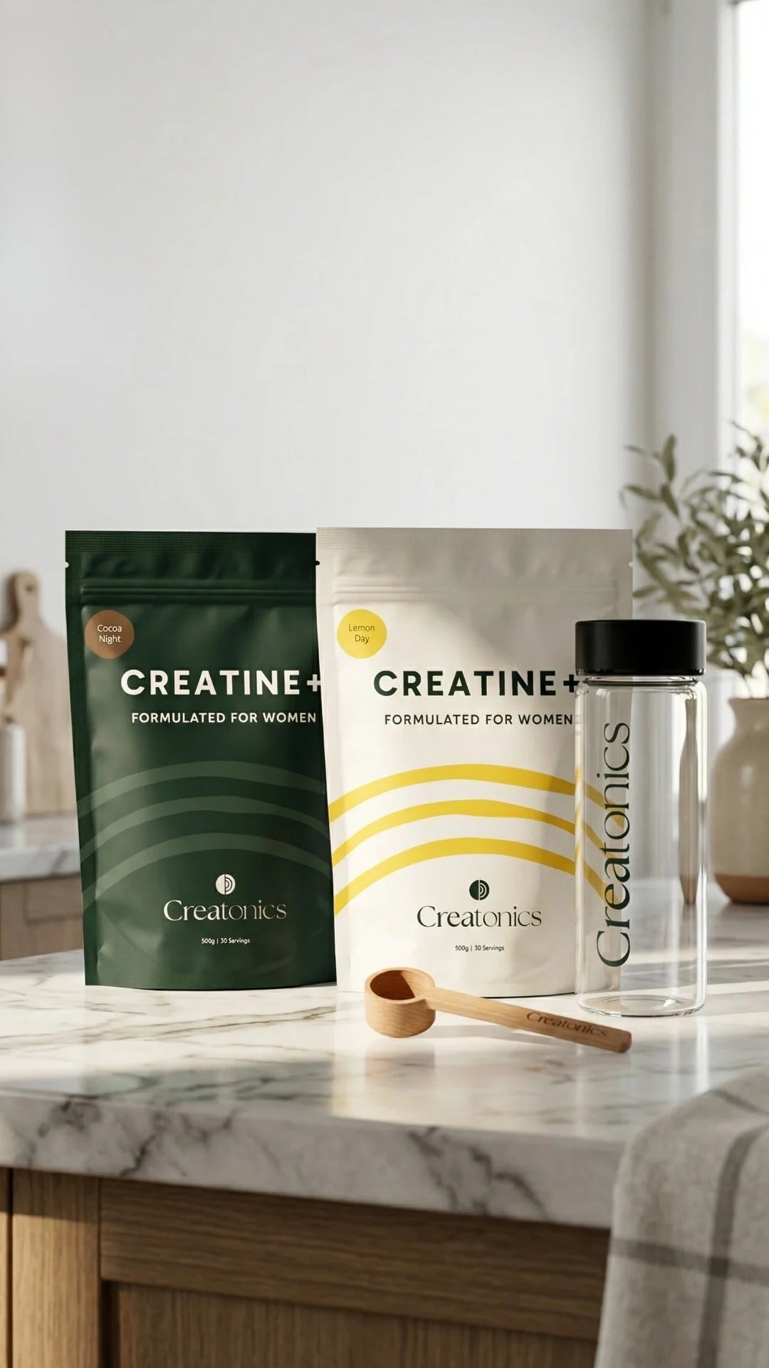 A vertical lifestyle image featuring the Creatonics supplement system for women, showing the Day and Night creatine pouches alongside a clear glass bottle on a marble surface with natural lighting.