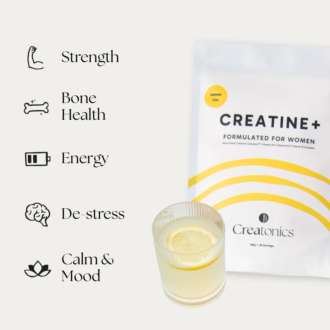 Creatonics Creatine+ Day Lemon pouch and a glass of fresh lemon water alongside benefit icons for strength, bone health, energy, de-stressing, and mood support.