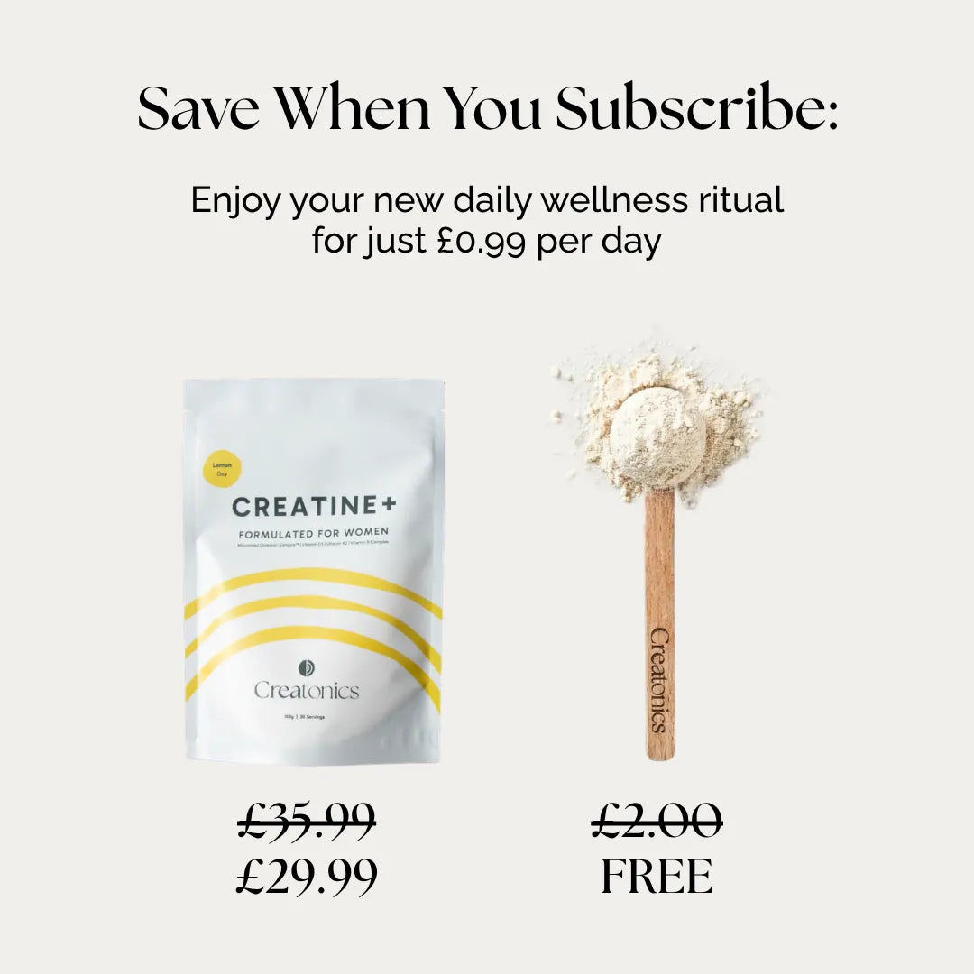 Creatonics Creatine+ Day Lemon pouch and free branded wooden scoop subscription discount offer reduced from £35.99 to £29.99 per month.