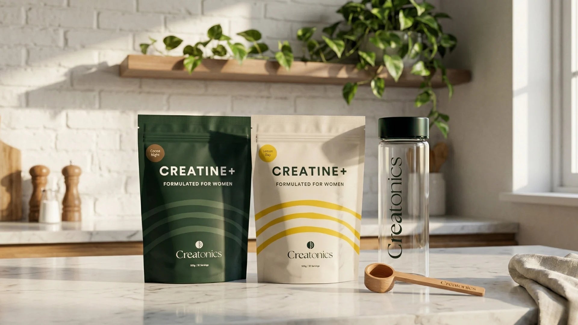 A wide-angle lifestyle shot of the Creatonics Day and Night creatine pouches on a white marble kitchen counter, accompanied by a clear branded water bottle and a wooden scoop in a bright, minimalist setting.
