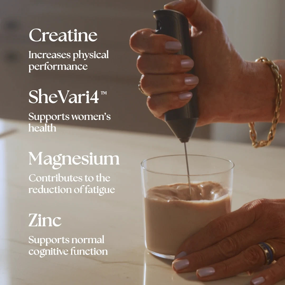 Creatonics supplement ingredients listing Creatine for physical performance, SheVari4 for women's health, Magnesium for fatigue reduction, and Zinc for cognitive function, showing a hand using an electric frother in a creamy drink.