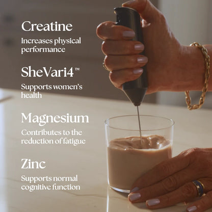 Creatonics supplement ingredients listing Creatine for physical performance, SheVari4 for women's health, Magnesium for fatigue reduction, and Zinc for cognitive function, showing a hand using an electric frother in a creamy drink.