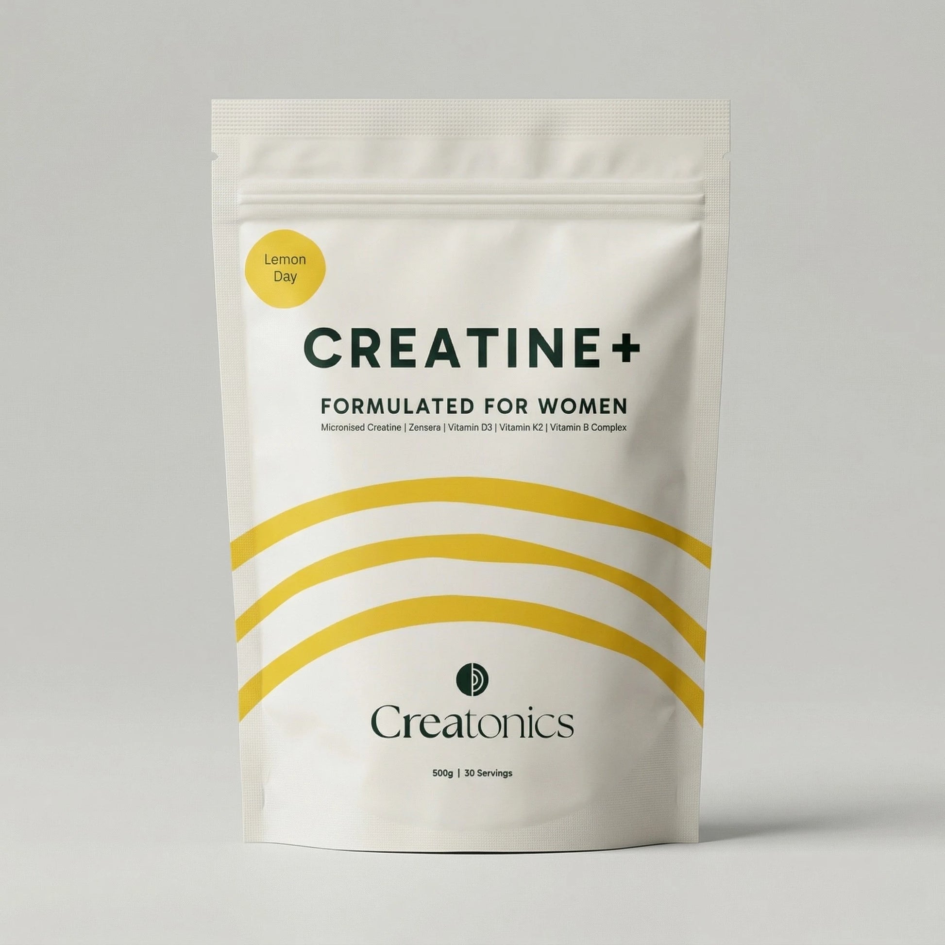 A high-quality product shot of the Creatonics Lemon Day creatine pouch, specifically formulated for women to support strength, mind, and energy during midlife.