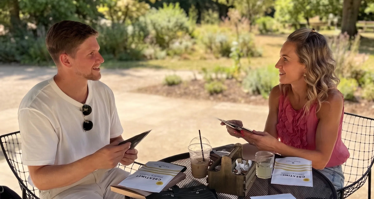 Creatonics co-founder Chris Curwen and founding ambassador Amy Williams MBE sitting at an outdoor café table discussing Creatonics Creatine+ Formulated for Women product pouches.