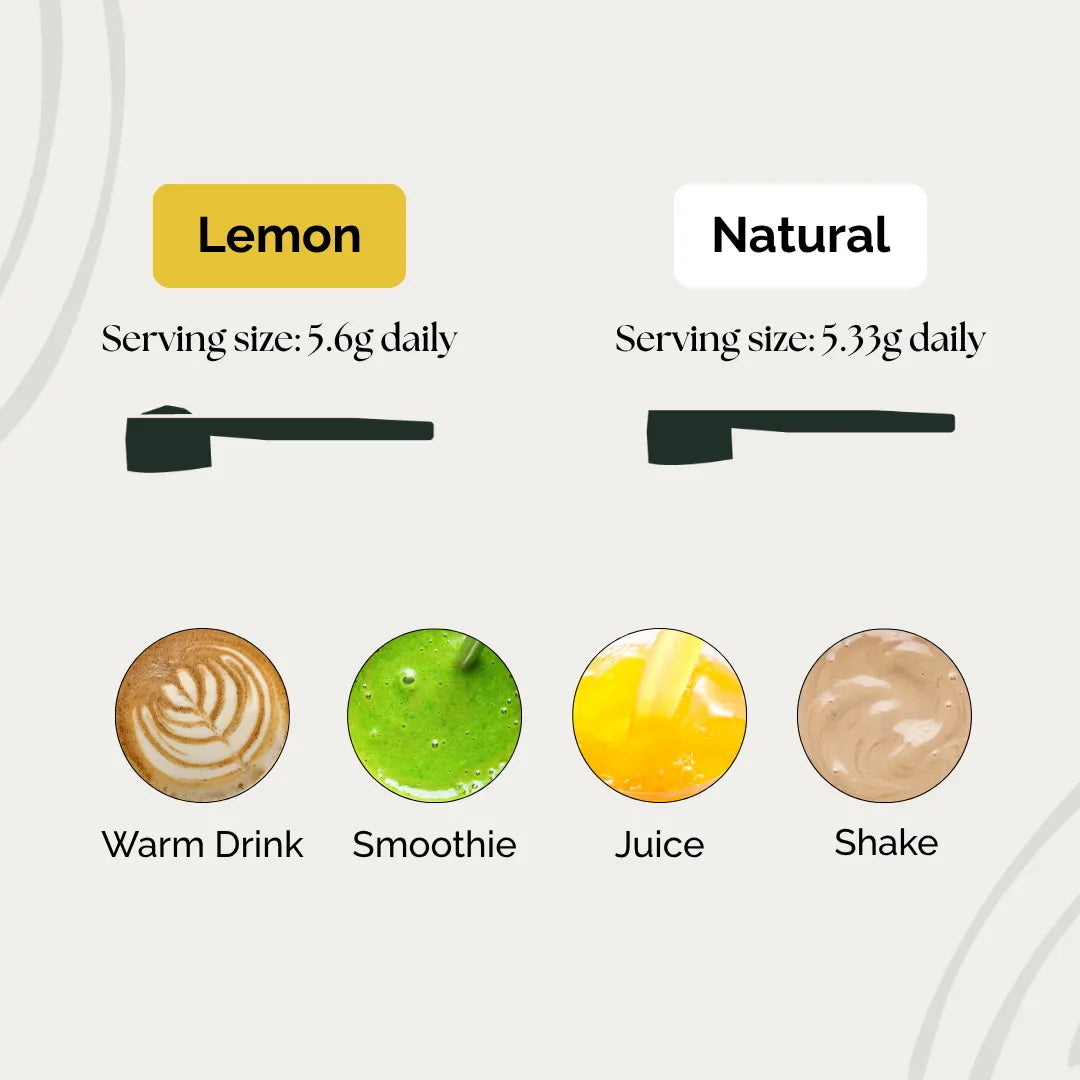 Creatonics Morning Creatine daily serving guide for Lemon and Natural variants, featuring scoop sizes and drink mixing icons for smoothies, juices, shakes, and warm beverages.