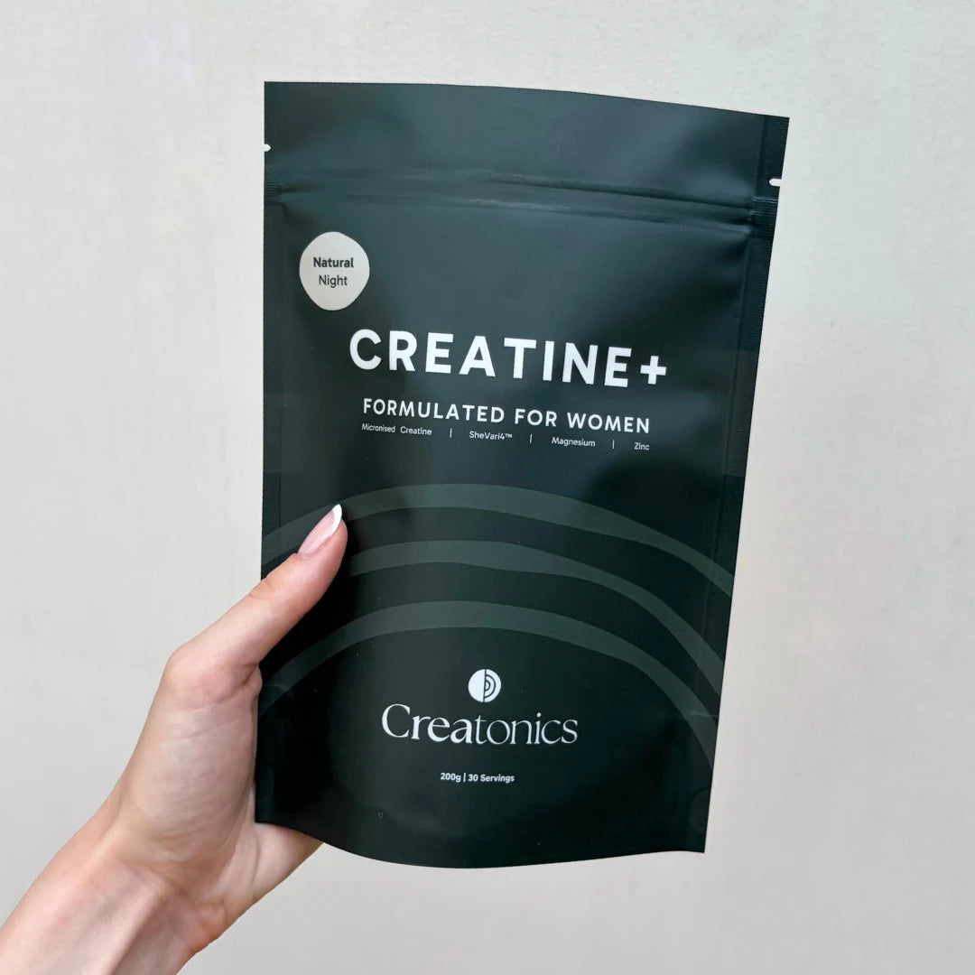 A professional product image of the Creatonics Natural Unflavoured Night creatine pouch, an unflavoured nightly supplement ritual for women designed for restoration, sleep, and balance.