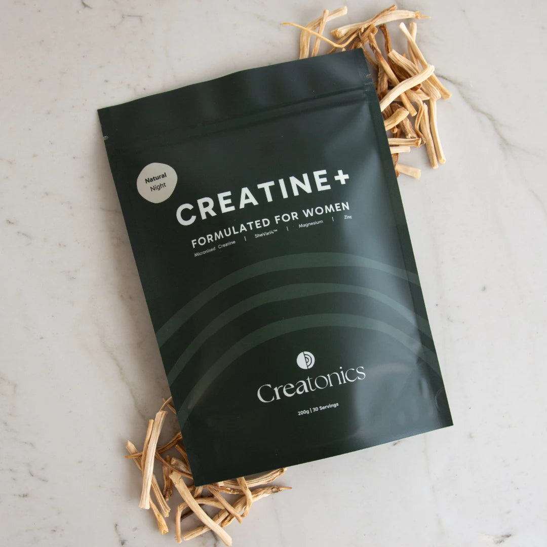 A professional product image of the Creatonics Natural Unflavoured Night creatine pouch, an unflavoured nightly supplement ritual for women designed for restoration, sleep, and balance.