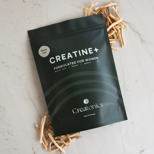 A professional product image of the Creatonics Natural Unflavoured Night creatine pouch, an unflavoured nightly supplement ritual for women designed for restoration, sleep, and balance.