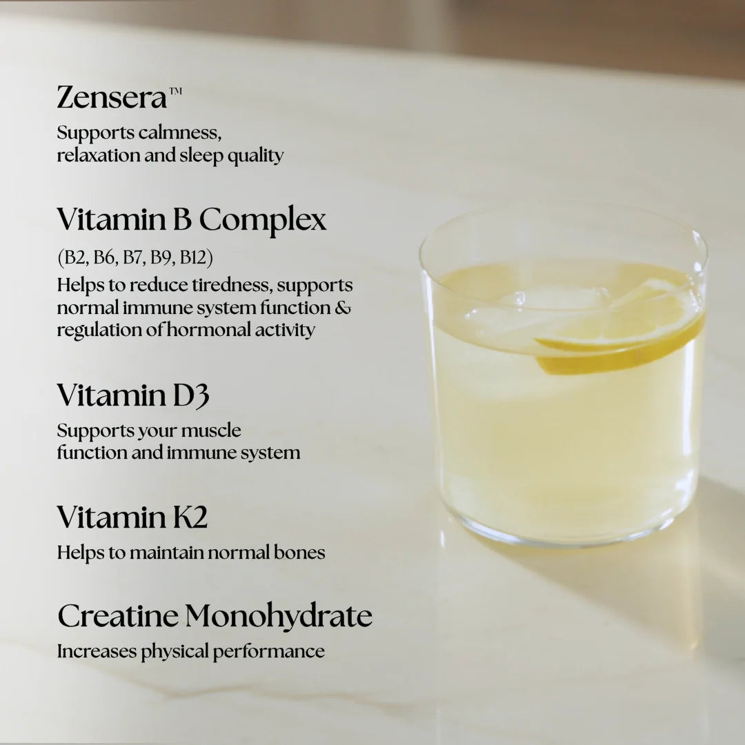 Graphic detailing Creatonics ingredients: Zensera for sleep quality, Vitamin B Complex for tiredness and hormones, Vitamin D3 for immunity, Vitamin K2 for bones, and Creatine Monohydrate for physical performance, shown with an iced lemon drink.