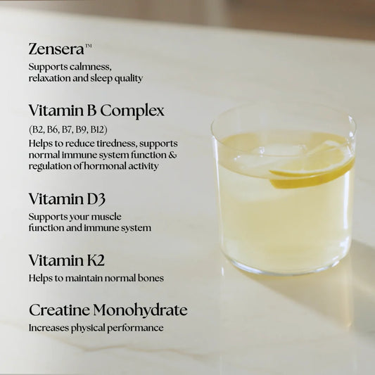 Graphic detailing Creatonics ingredients: Zensera for sleep quality, Vitamin B Complex for tiredness and hormones, Vitamin D3 for immunity, Vitamin K2 for bones, and Creatine Monohydrate for physical performance, shown with an iced lemon drink.