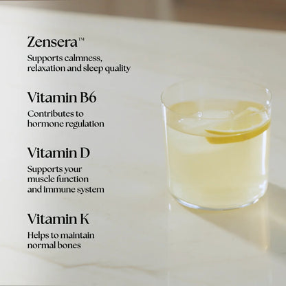 Creatonics key ingredients breakdown featuring Zensera for calmness and sleep, Vitamin B6 for hormone regulation, Vitamin D for muscle and immune support, and Vitamin K for bone health next to an iced lemon supplement drink.